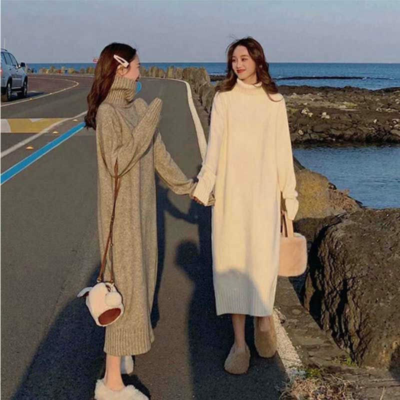 レディース ニットワンピース ロングワンピース セーター 長袖 春秋冬 トップス ハイネック ロング丈 ミモレ丈 体型カバー カジュアル ゆったり 無地 オフィス 着痩せ 通勤レディース ニットワンピ